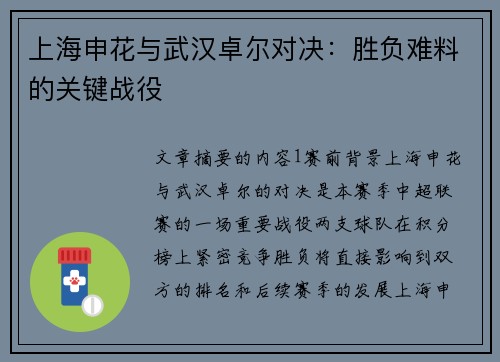 上海申花与武汉卓尔对决：胜负难料的关键战役