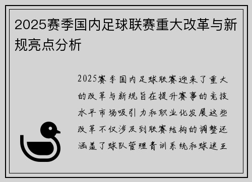 2025赛季国内足球联赛重大改革与新规亮点分析 2025赛季国内足球联赛重大改革与新规亮点分析
