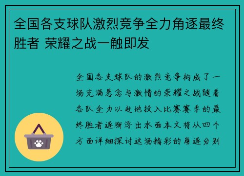 全国各支球队激烈竞争全力角逐最终胜者 荣耀之战一触即发